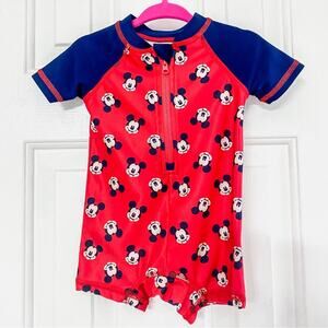 DISNEY BABY • Red + Blue One Piece Mickey Mouse Swimsuit Rash Guard